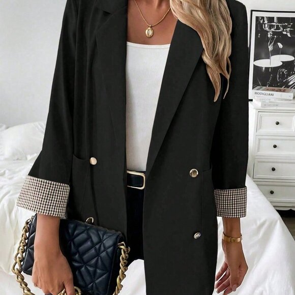 Jackets & Blazers - Elegant Black Women's Plaid Sleeve Trim Blazer